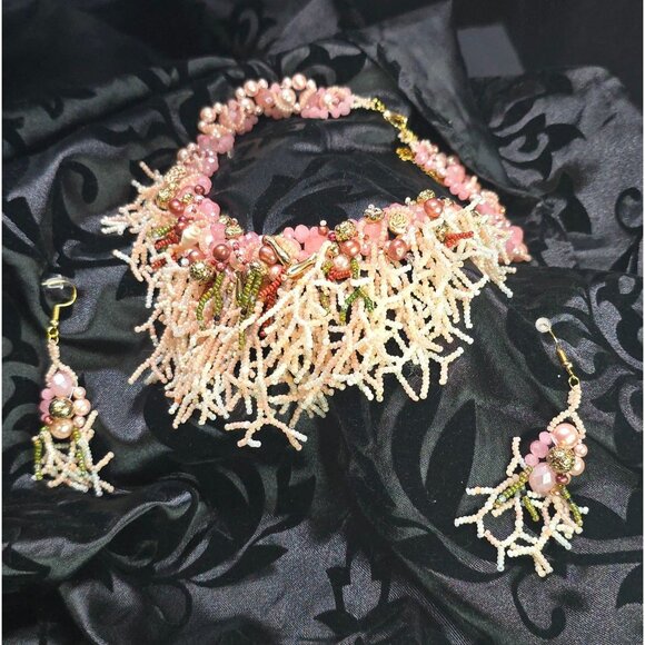 Crafted Gemstone Coral inspired Beaded Waterfall Pink Cream Necklace Earring Set - Picture 6 of 13